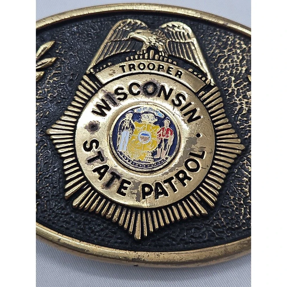 Brass Wisconsin State Patrol Wsp Highway Trooper Police Vintage Belt Buckle